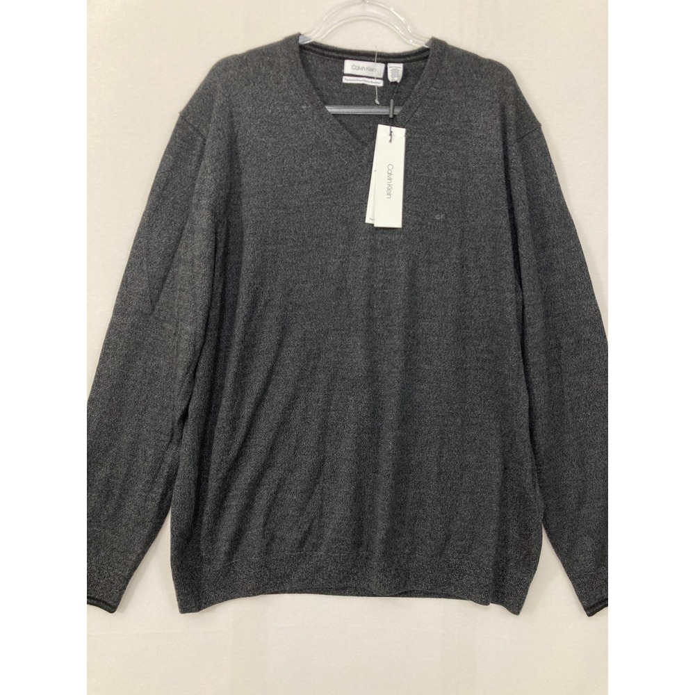 New Calvin Klein Mens V-Neck Sweater XXL Charcoal Extra-Fine Merino Wool Preppy